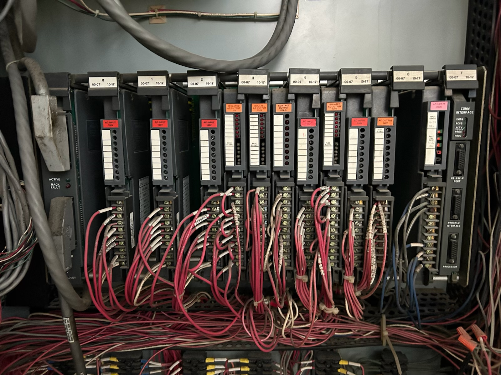 Industrial control rack with terminated red field wiring
